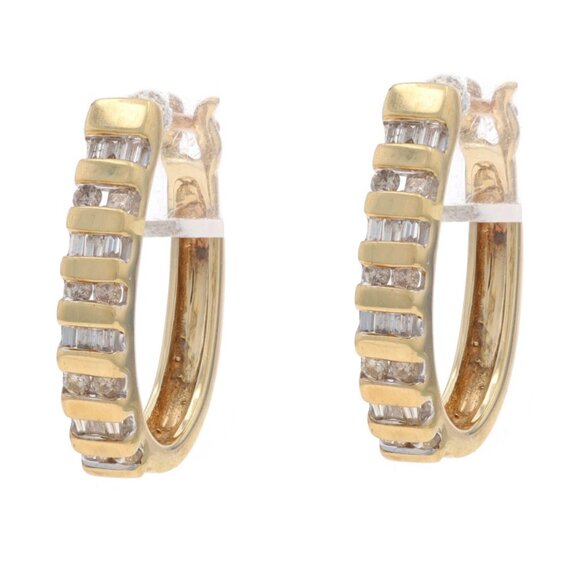Yellow Gold Diamond Stripe Hoop Earrings -10k Rnd & Baguette .50ctw Oval Pierced